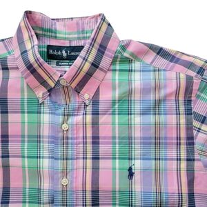 Ralph Lauren Button Down Shirt Plaid Check Blue‎ Green Long Sleeve Classic Fit L